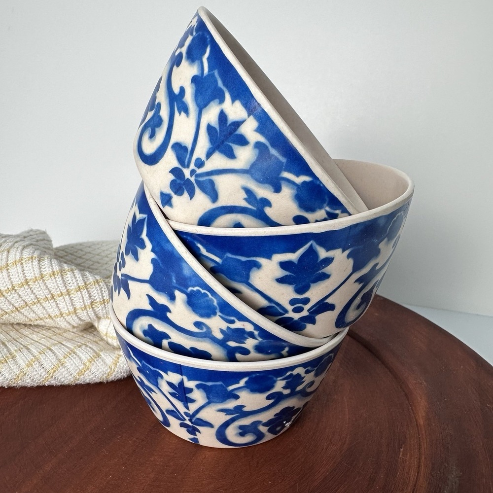 4 Blue & White Patina Vie "Lisbon" Bamboo Tidbit Bowls, Anthro‑vibe Cottage‑Boho